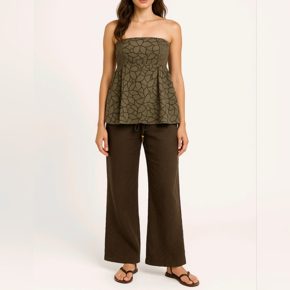 DEPT Top Khaki Strapless Embroidered Silk Blend Smocked Size S NEW